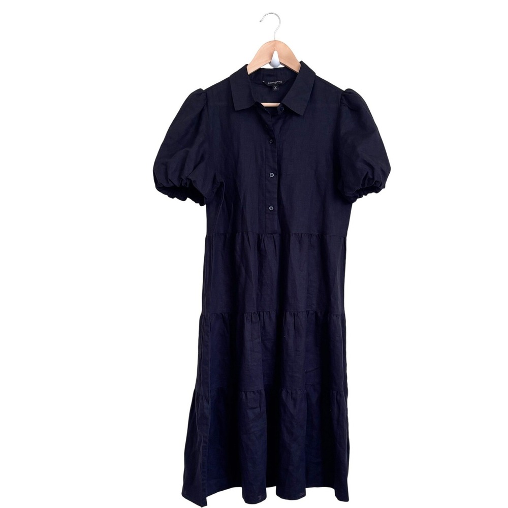 Banana Republic Euro Summer Linen Tiered Puff Sleeve Dress Petite Small Black